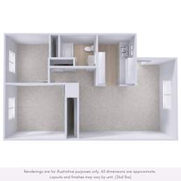 A 3D rendering of a house layout with a kitchen, living room, and bathroom.
