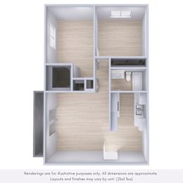A 3D rendering of a house layout with a kitchen, living room, and bathroom.