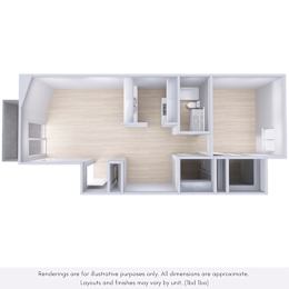 A 3D rendering of a modern, minimalist room with a kitchen area.