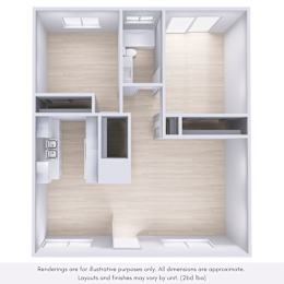 A diagram shows a layout of a kitchen with cabinets, a fridge, a sink, and a stove.