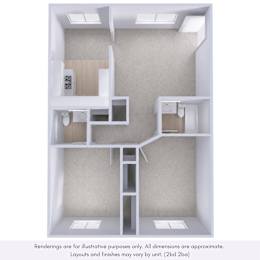 A diagram of a two-bedroom apartment with a kitchen and bathroom.