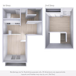 Two story layouts of a room with a kitchen and a bathroom.