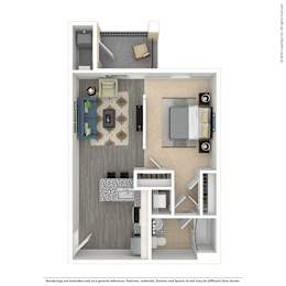 A floor plan of a small apartment with a kitchen, living room, and bathroom.