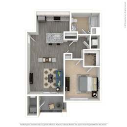 A floor plan of a small apartment with a kitchen, living room, and bathroom.
