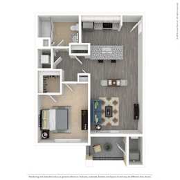 A floor plan of a small apartment with a kitchen, living room, and bathroom.