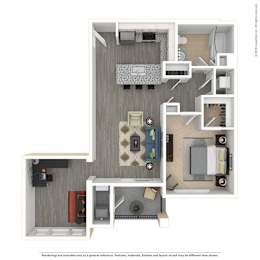 A floor plan of a small apartment with a kitchen, living room, and bathroom.