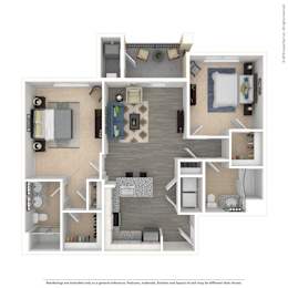 A floor plan of an apartment with a kitchen, living room, and two bedrooms.