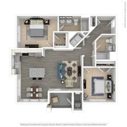 A floor plan of an apartment with a living room, kitchen, and bedrooms.