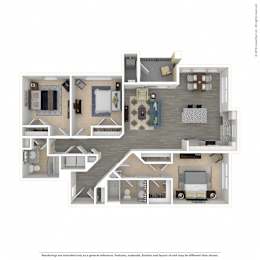 A floor plan of an apartment with a kitchen, living room, and two bedrooms.