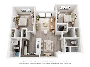 A 3D floor plan of a small apartment with a kitchen, living room, and two bedrooms.