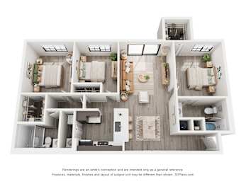A 3D floor plan of a house with multiple rooms and furniture.
