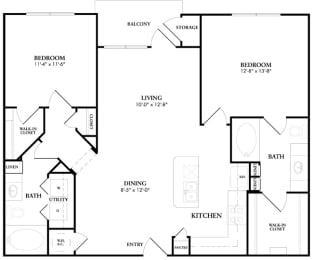 2 bed 2 bath B1 Floor Plan at The Atlantic Memorial, Houston, Texas