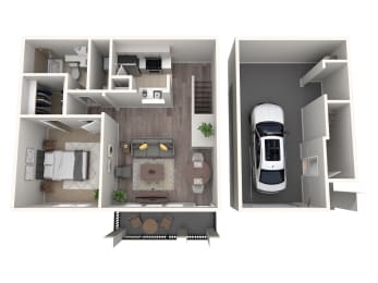 a stylized 3d floor plan of a 2100 sq ft apartment with a car at The Atlantic Stone Oak Apartments, Texas