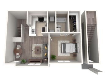 a 3d floor plan of a bedroom with a bathroom and a living room at The Atlantic Stone Oak Apartments, Texas, 78260