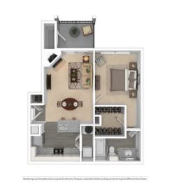 a floor plan with a bedroom and a living room at Village of Hawks Creek Apartments, Texas