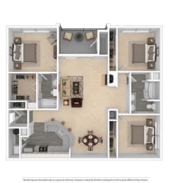 3 bedroom floor plan at Village of Hawks Creek Apartments, Westworth Village, 76114