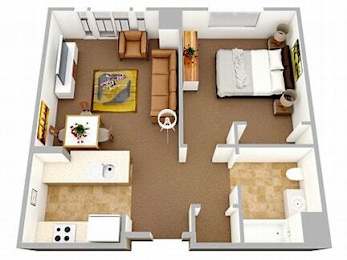 a bedroom with a bed a desk and a mirror