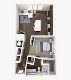 A top down view of a small apartment with a bed, a couch, a chair, a table, and a kitchenette.