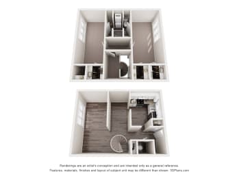 a stylized floor plan with a bedroom and a living room