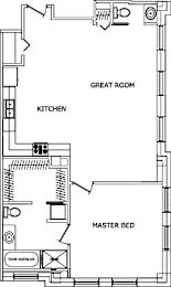 Floor Plan  A floor plan of a house with a great room, kitchen, and master bed.