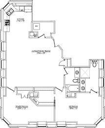 Floor Plan  A floor plan of a house with a kitchen, living room, den, and bedroom.