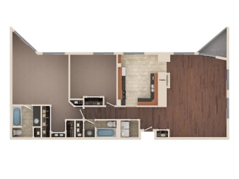 Horizon - 2 Bedroom Floor Plan Layout with 2 Baths and 1,581 square feet at Skyrise Luxury Apartments in Kalamazoo, MI.