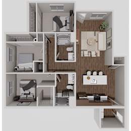 F1 Three Bedroom Two Bathroom 3D Floorplan at Solhaven Grand Chute, Appleton, 54913