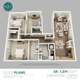 Floor Plan  A 3A floor plan for a 1,374 square foot apartment with three bedrooms and two bathrooms.