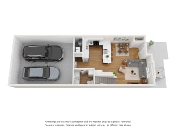 Floor Plan  a rendering of a 1 bedroom floor plan with a car in the garage