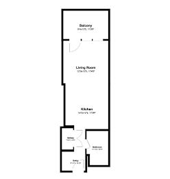 A floor plan of a house with a balcony, living room, kitchen, bathroom and entry.