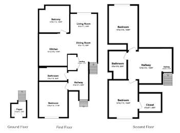 A diagram of a three-story house with labeled rooms.