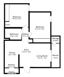 A black and white image of a floor plan for a house with labeled rooms and dimensions.