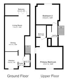 A floor plan of a two-story house with a balcony and a powder room.