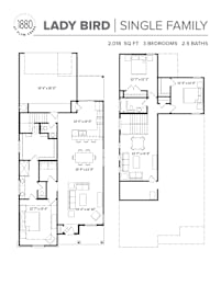 A floor plan for the Lady Bird single family home.