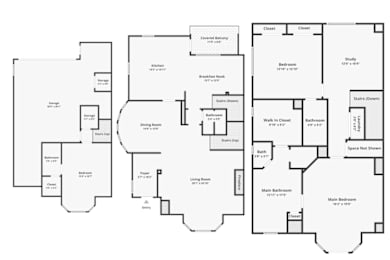 A floor plan of a house with a main bedroom, two closets, a study, and a bathroom.
