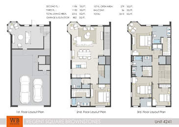 A floor plan for a unit at Regent Square Brownstones shows three floors with different layouts and square footage.