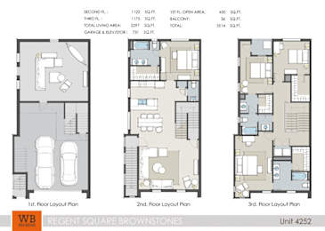 Three floor layout plans for a unit at Regent Square Brownstones.