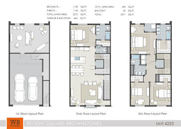 Three different layouts for a 2 bedroom apartment are shown.