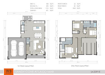 Two floor plans for Sandy Cove at Lago Mar show the layout of the first and second floors.