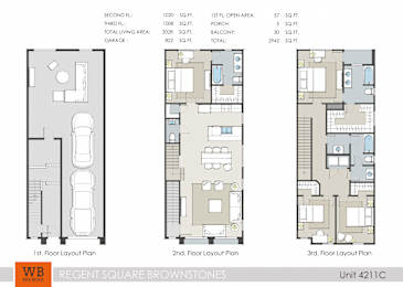 Three floor layout plans for a 2942 square foot unit.