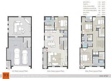 Three floor layout plans for a Regent Square Brownstones unit.