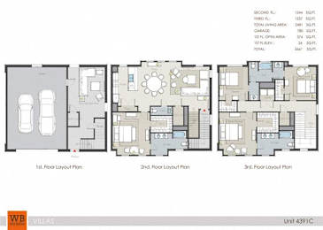 A floor plan for a three-story apartment with a total living area of 284 square feet.