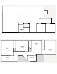 A floor plan of a house with a kitchen, living room, and multiple bathrooms.