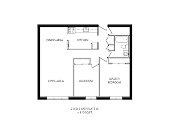 A floor plan of a 2 bed 2 bath suite.