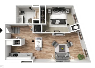 a stylized floor plan with a bedroom and a living room