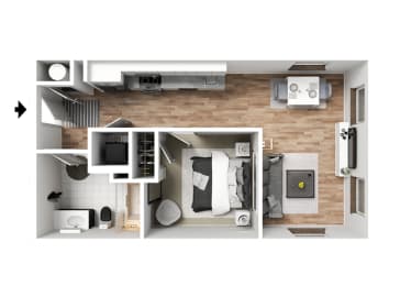 a stylized floor plan with a bedroom and a living room