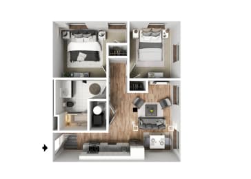 a stylized 3d floor plan with a bedroom and living room