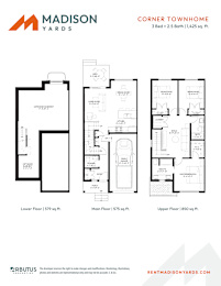 A floor plan for a Madison Yards townhome shows three bedrooms and two bathrooms in 1,425 square feet.