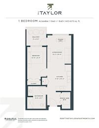 A floor plan for a 1 bedroom accessible apartment.