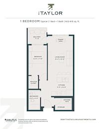 A floor plan for a 1 bedroom apartment sized 602-615 sq.ft.